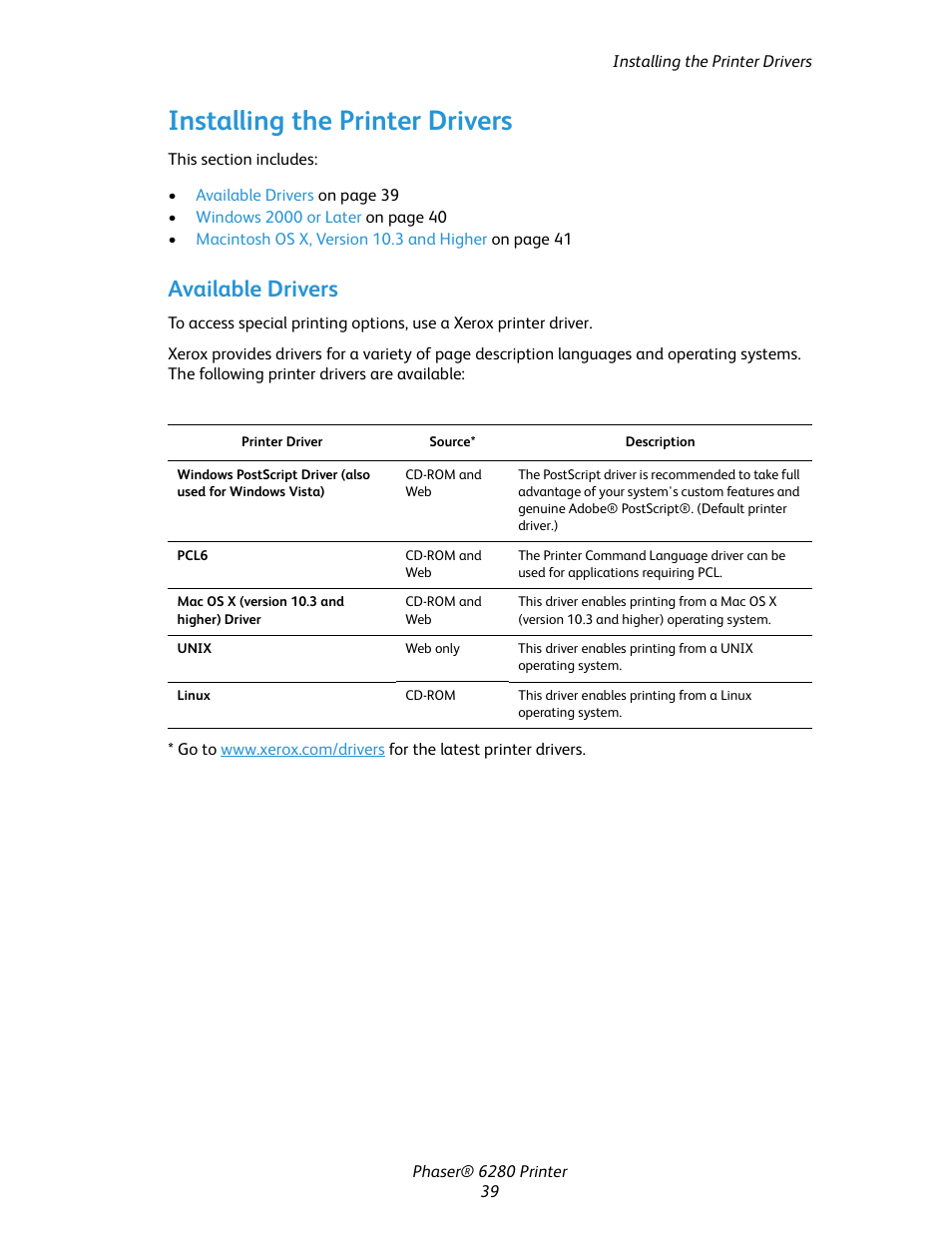 Installing the printer drivers, Available drivers | Xerox Color Printer Phaser 6280 User Manual | Page 39 / 158