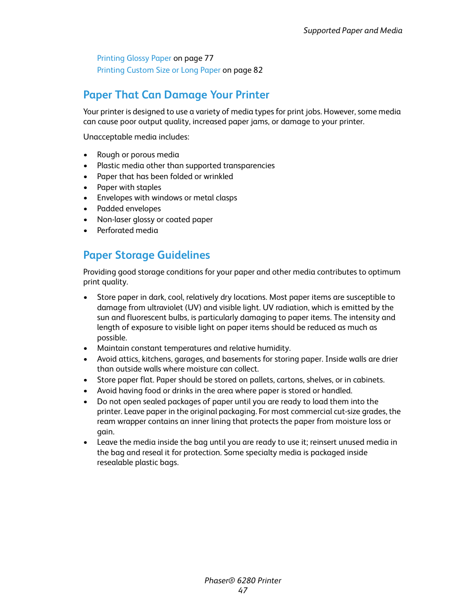 Paper that can damage your printer, Paper storage guidelines | Xerox Color Printer Phaser 6280 User Manual | Page 47 / 158