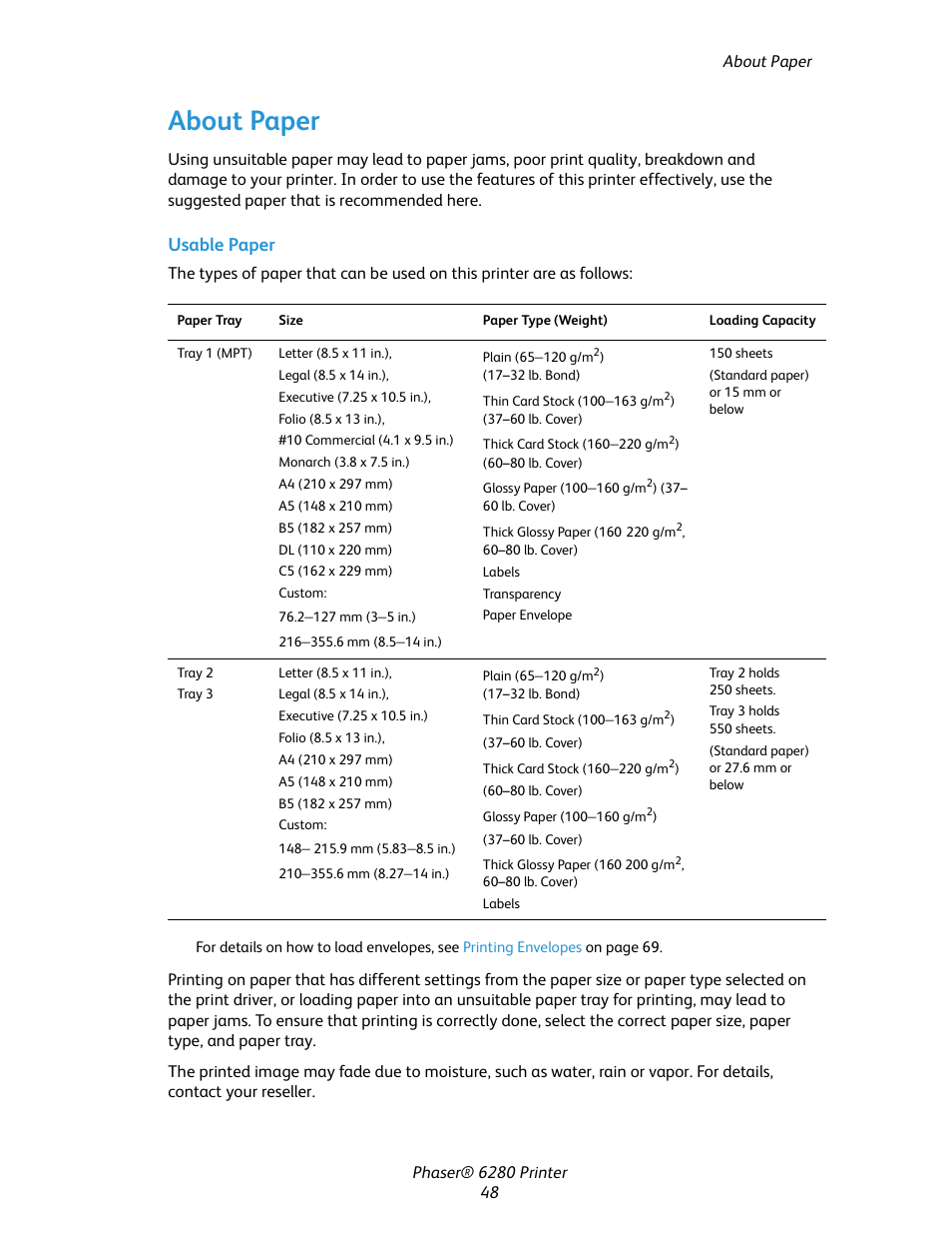 About paper, Usable paper | Xerox Color Printer Phaser 6280 User Manual | Page 48 / 158