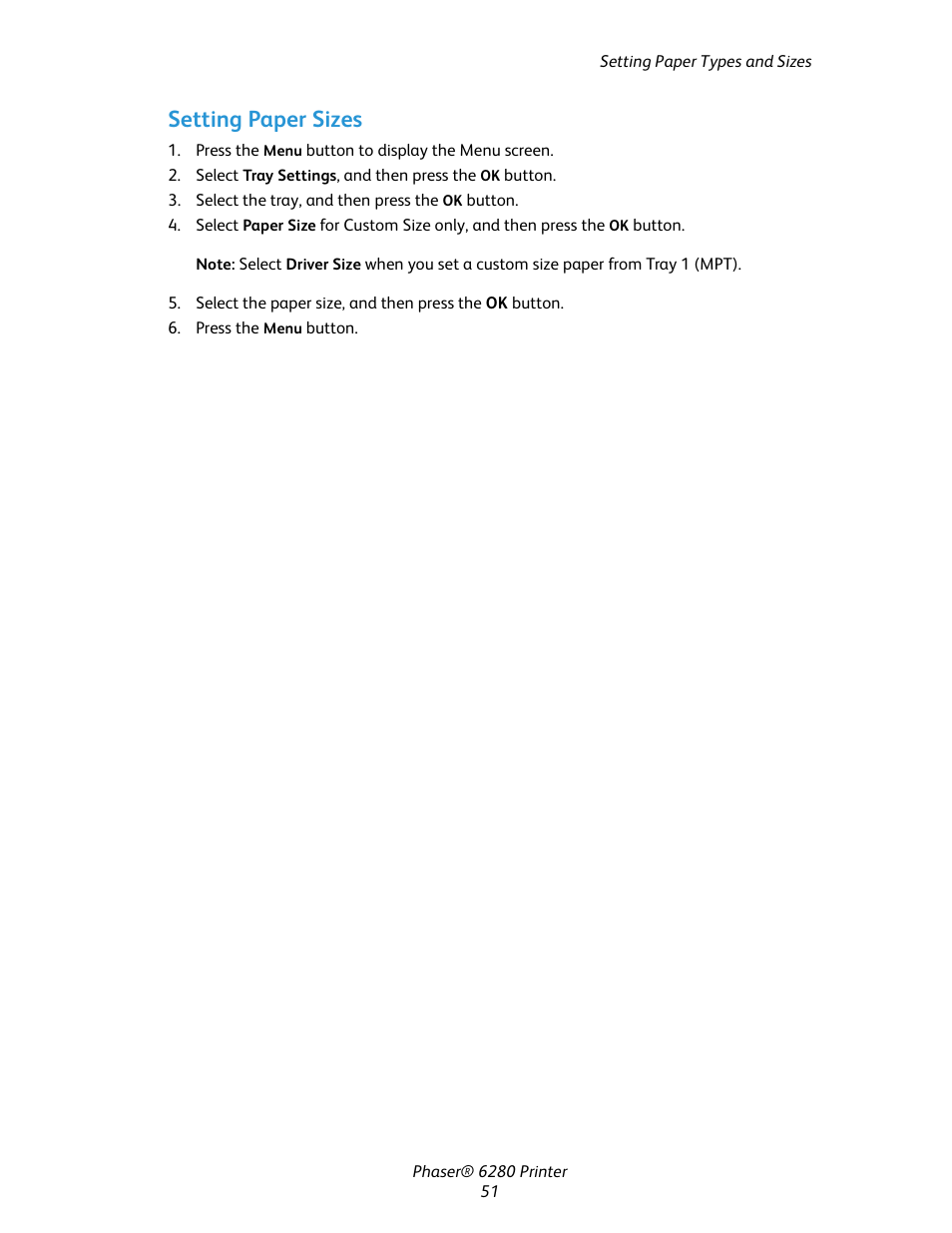 Setting paper sizes | Xerox Color Printer Phaser 6280 User Manual | Page 51 / 158