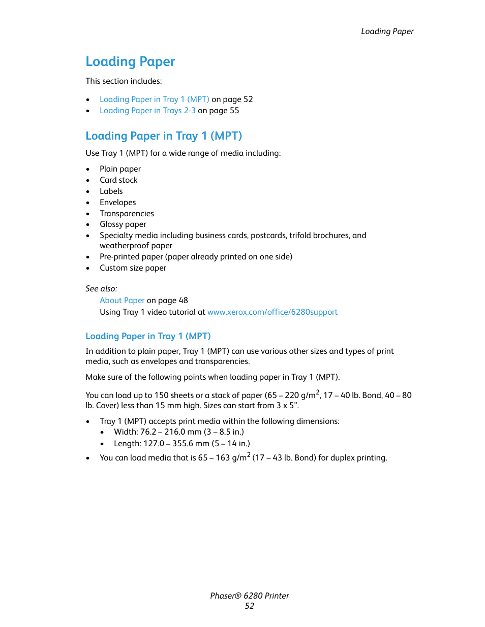 Loading paper, Loading paper in tray 1 (mpt) | Xerox Color Printer Phaser 6280 User Manual | Page 52 / 158