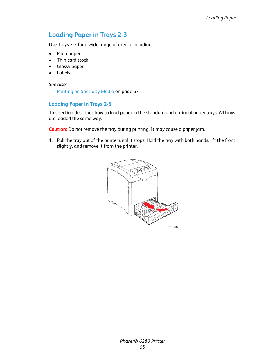 Loading paper in trays 2-3 | Xerox Color Printer Phaser 6280 User Manual | Page 55 / 158