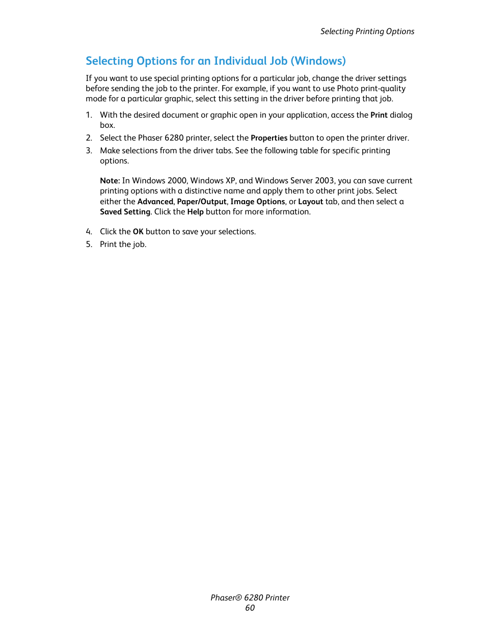 Selecting options for an individual job (windows) | Xerox Color Printer Phaser 6280 User Manual | Page 60 / 158