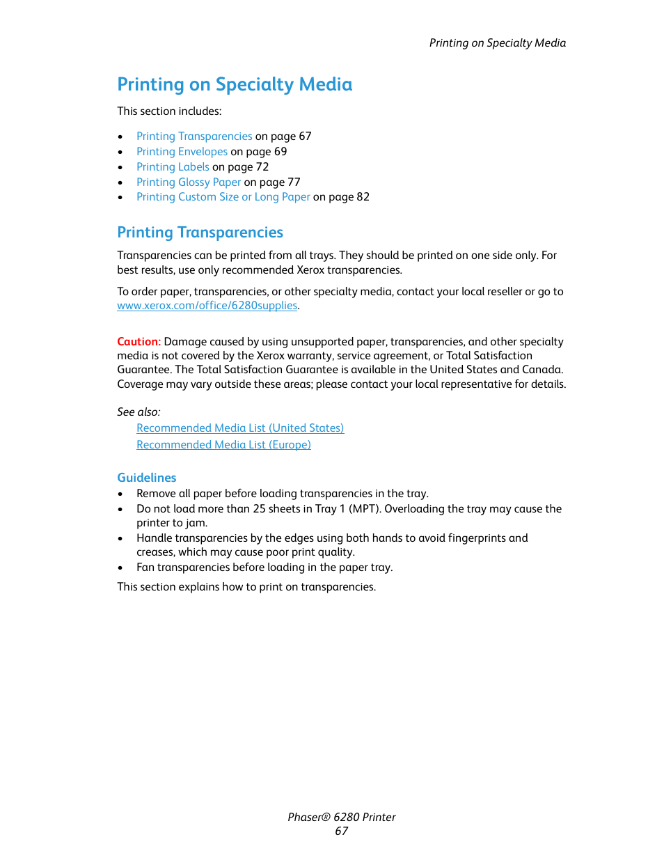 Printing on specialty media, Printing transparencies | Xerox Color Printer Phaser 6280 User Manual | Page 67 / 158