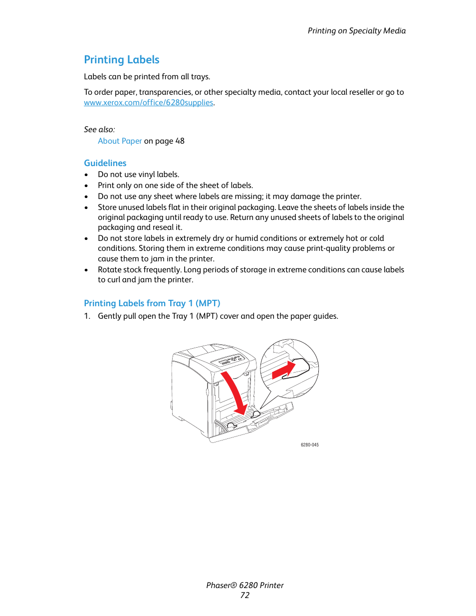 Printing labels | Xerox Color Printer Phaser 6280 User Manual | Page 72 / 158