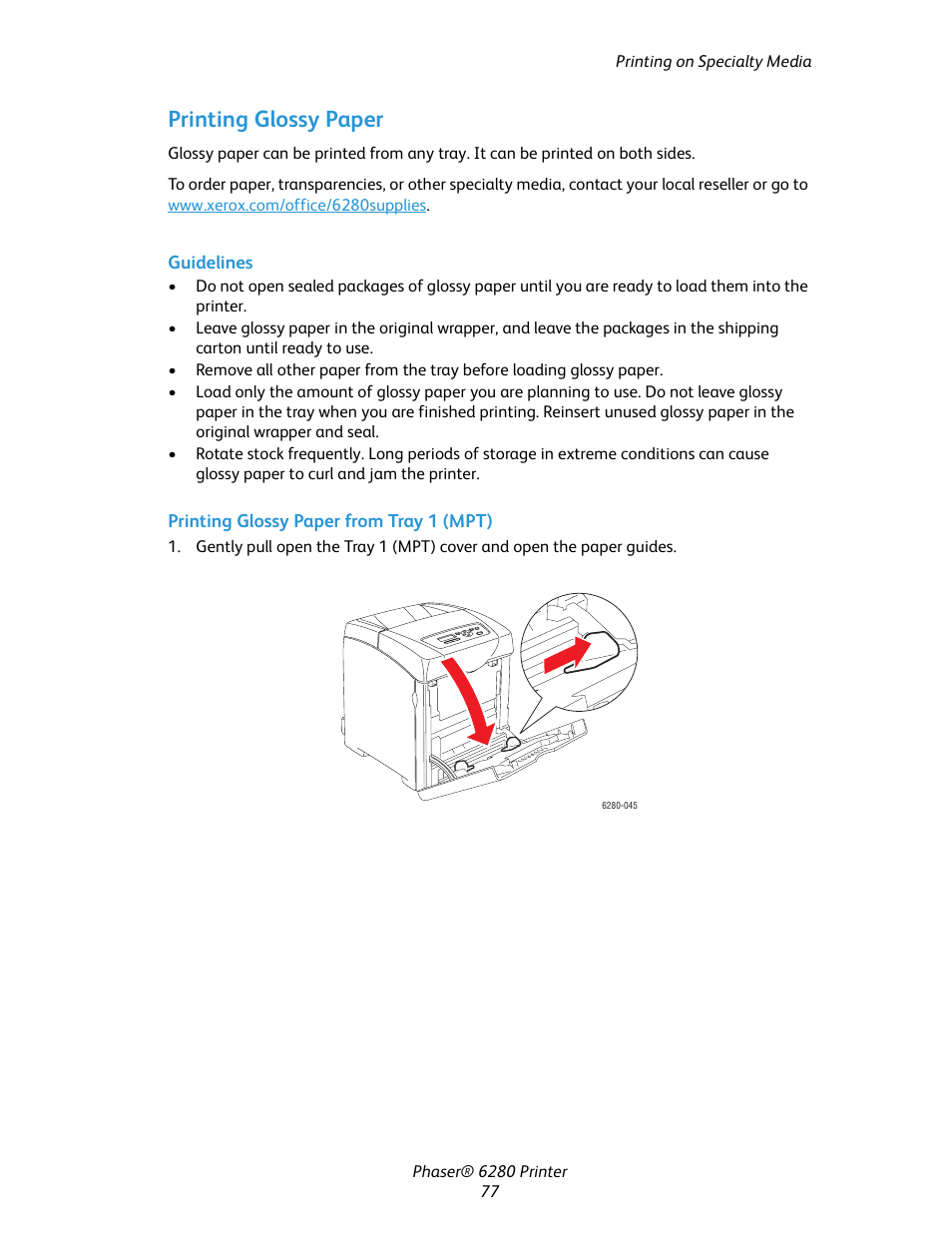 Printing glossy paper | Xerox Color Printer Phaser 6280 User Manual | Page 77 / 158