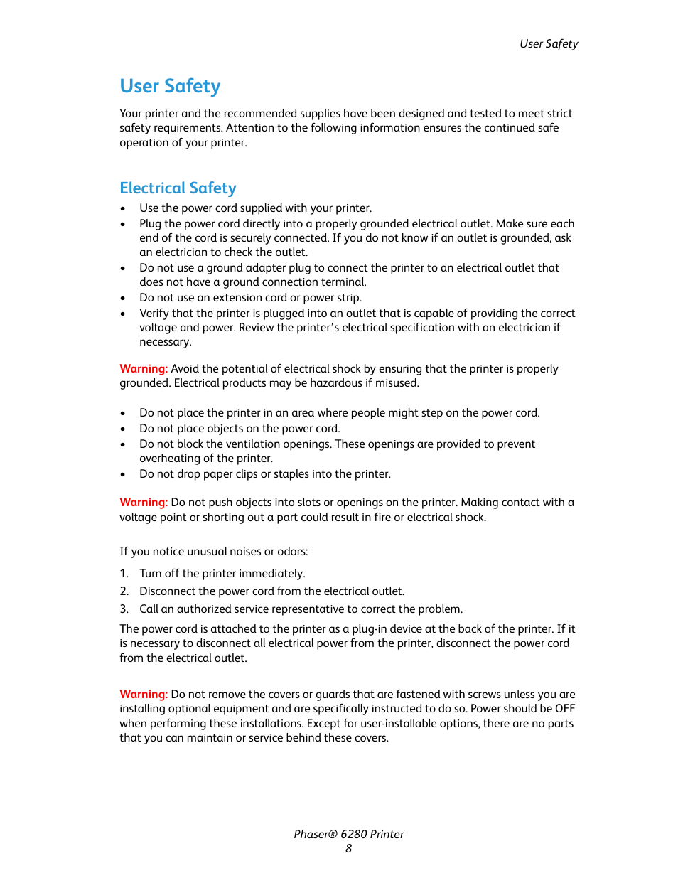 User safety, Electrical safety | Xerox Color Printer Phaser 6280 User Manual | Page 8 / 158