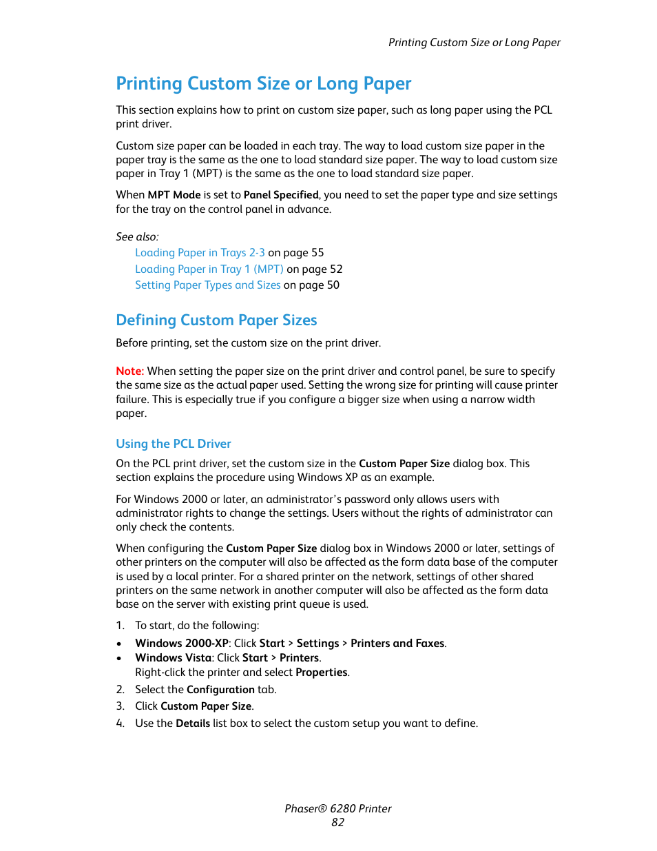 Printing custom size or long paper, Defining custom paper sizes | Xerox Color Printer Phaser 6280 User Manual | Page 82 / 158