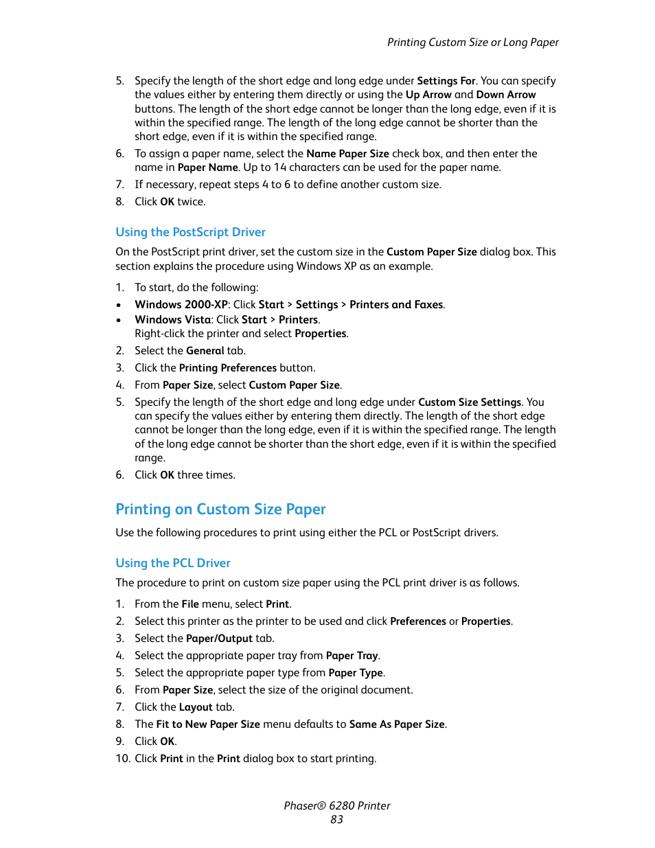 Printing on custom size paper | Xerox Color Printer Phaser 6280 User Manual | Page 83 / 158