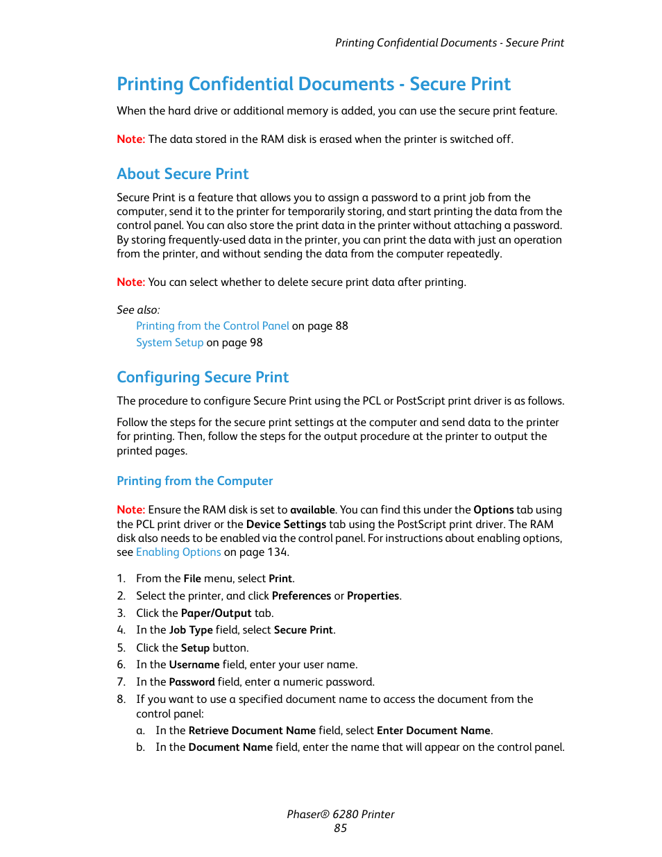 Printing confidential documents - secure print, About secure print, Configuring secure print | About secure print configuring secure print | Xerox Color Printer Phaser 6280 User Manual | Page 85 / 158