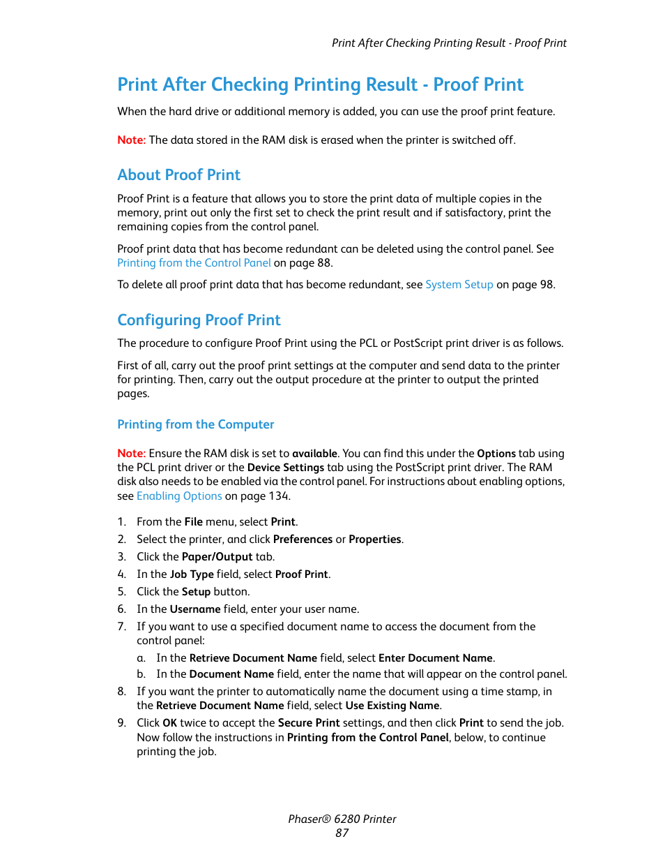 Print after checking printing result - proof print, About proof print, Configuring proof print | About proof print configuring proof print | Xerox Color Printer Phaser 6280 User Manual | Page 87 / 158