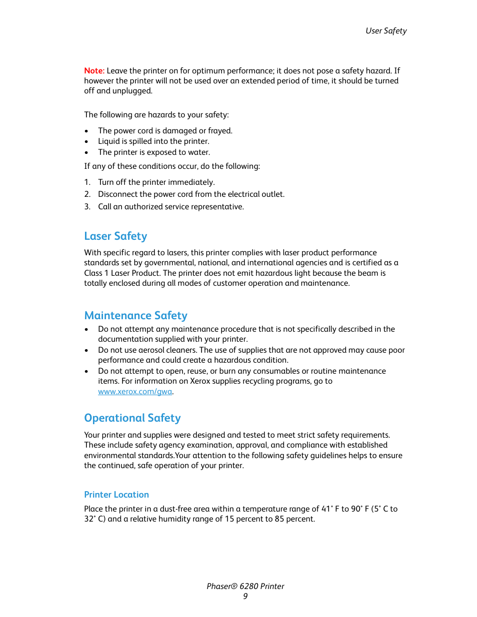 Laser safety, Maintenance safety, Operational safety | Laser safety maintenance safety operational safety | Xerox Color Printer Phaser 6280 User Manual | Page 9 / 158