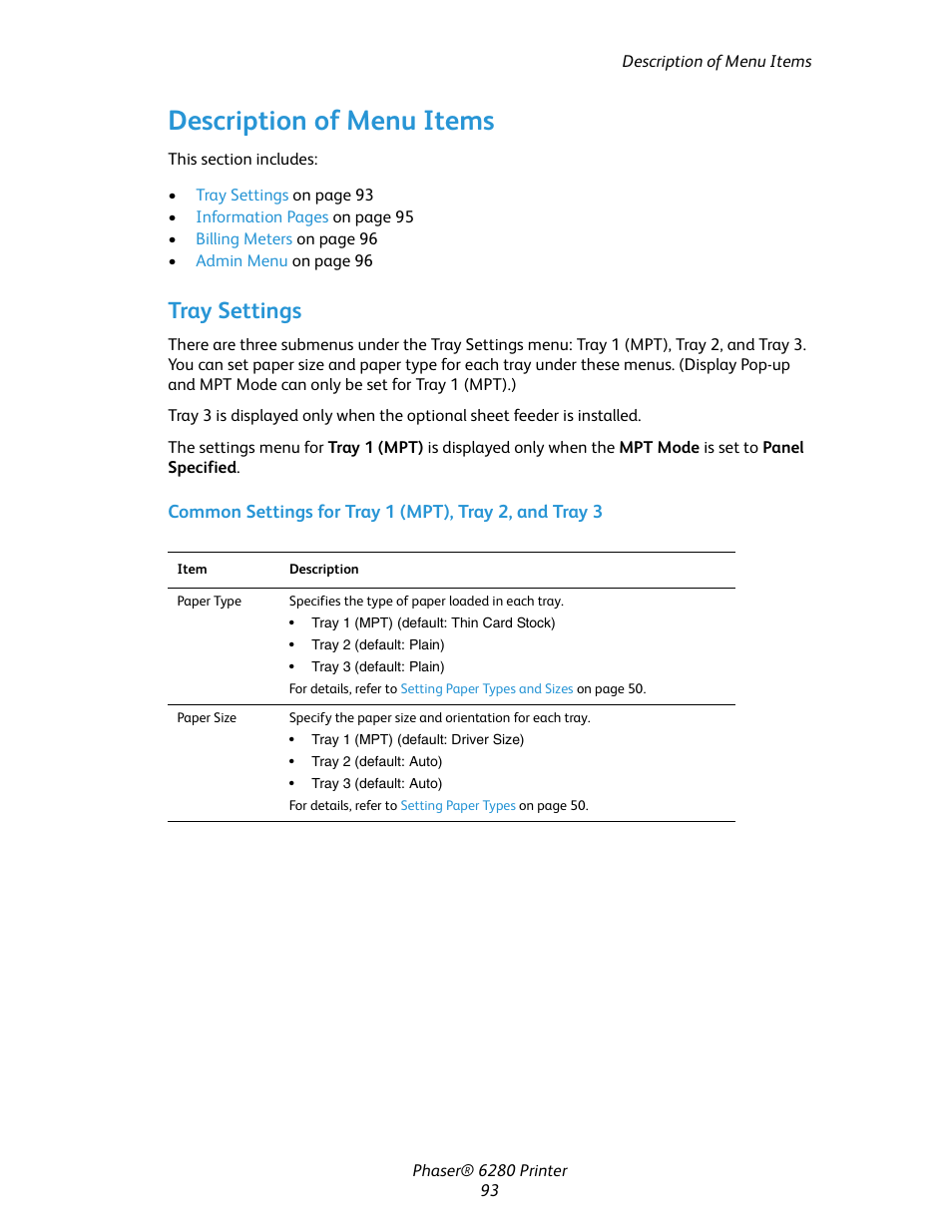 Description of menu items, Tray settings | Xerox Color Printer Phaser 6280 User Manual | Page 92 / 158