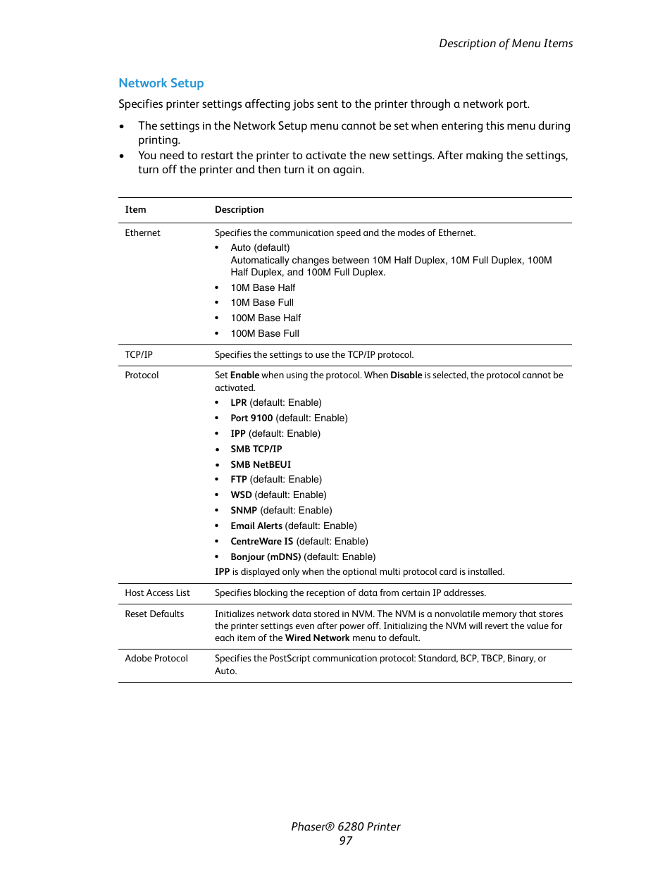 Network setup | Xerox Color Printer Phaser 6280 User Manual | Page 96 / 158