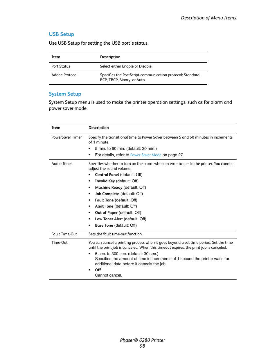 System setup, Usb setup | Xerox Color Printer Phaser 6280 User Manual | Page 97 / 158