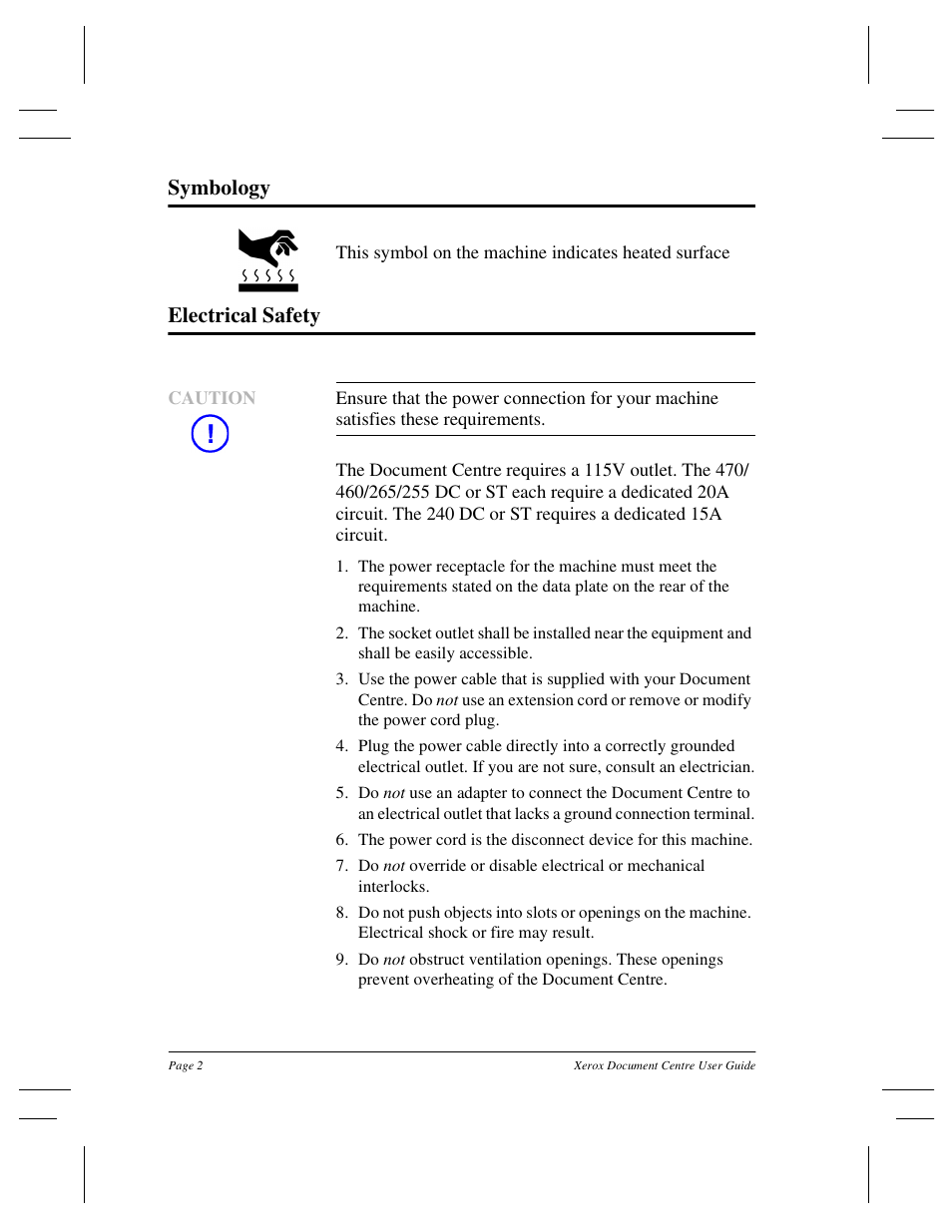 Symbology, Electrical safety | Xerox 255 DC User Manual | Page 14 / 75