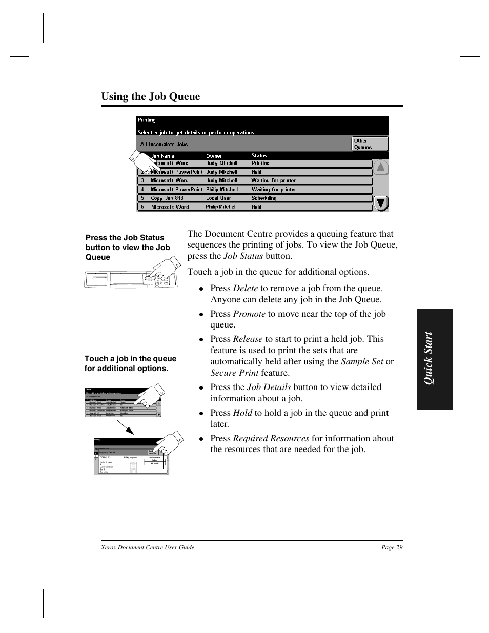 Qu ic k sta rt using the job queue | Xerox 255 DC User Manual | Page 41 / 75