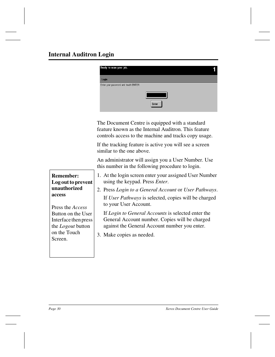Internal auditron login | Xerox 255 DC User Manual | Page 42 / 75