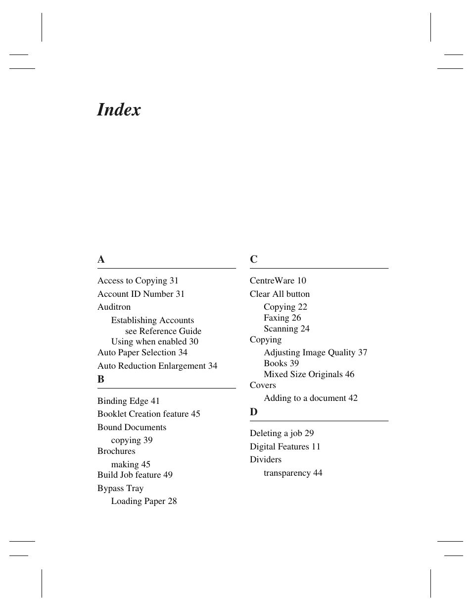 Index | Xerox 255 DC User Manual | Page 71 / 75