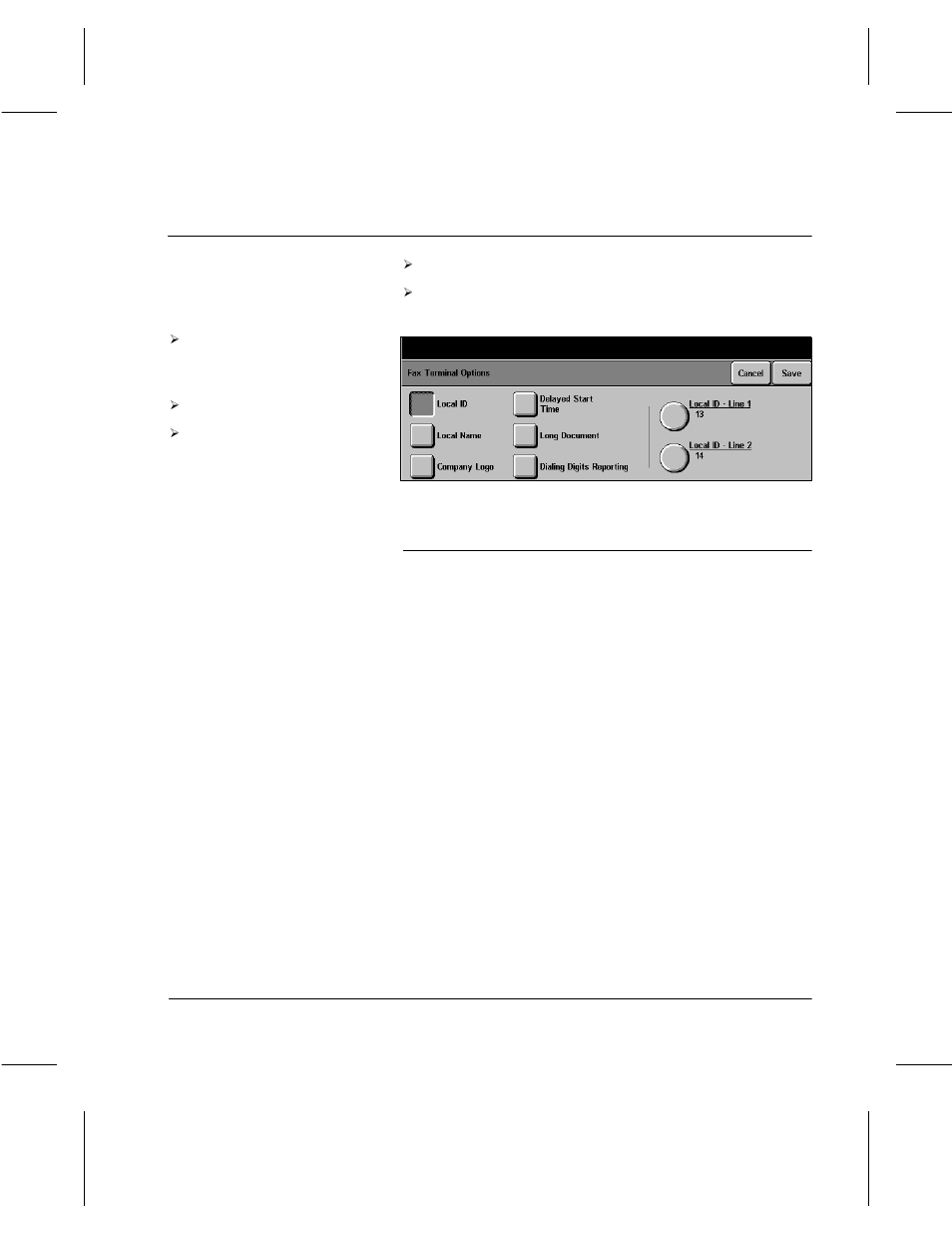 Fax terminal options, Local id | Xerox 332 User Manual | Page 62 / 116