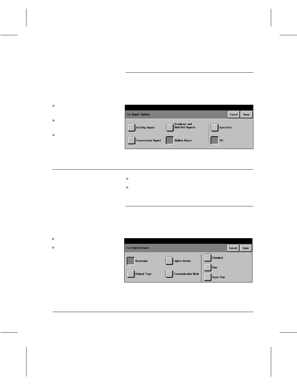 Fax panel defaults, Mailbox report, Resolution | Xerox 332 User Manual | Page 74 / 116