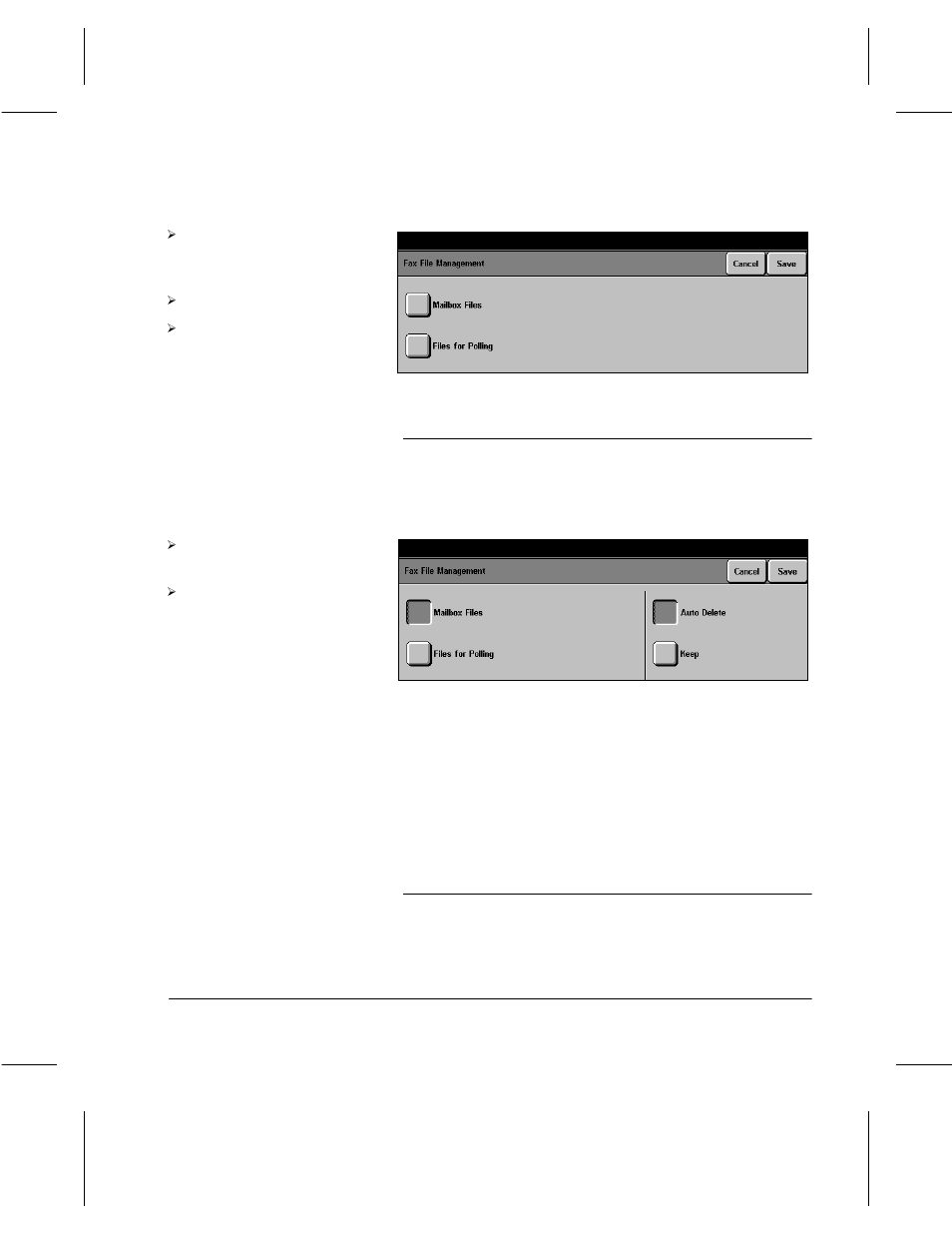 Mailbox files / failed fax files, Files for polling / files stored for polling | Xerox 332 User Manual | Page 80 / 116