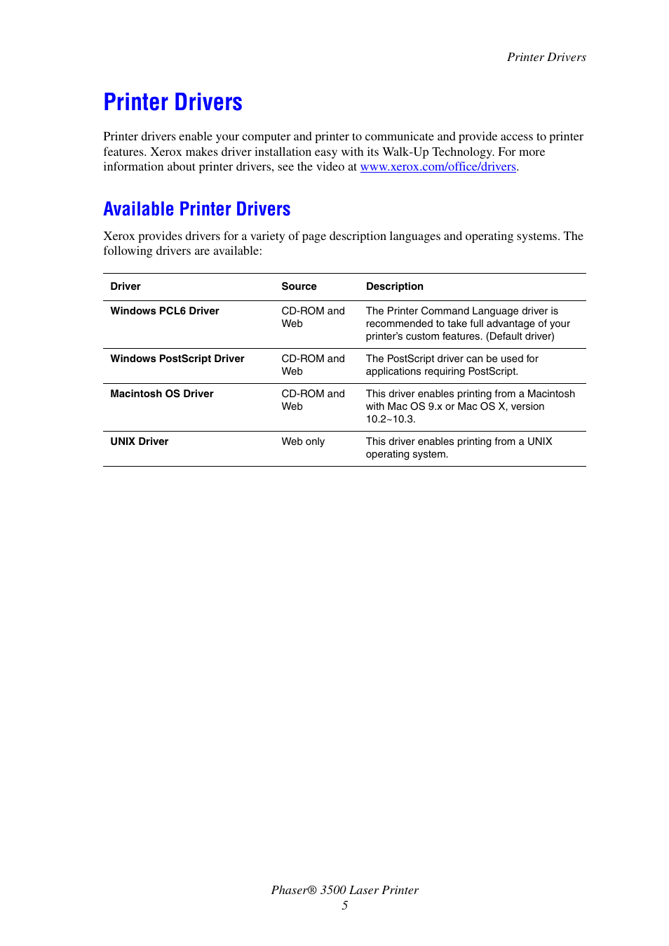 Printer drivers, Available printer drivers | Xerox Laser Printer 3500 User Manual | Page 10 / 59