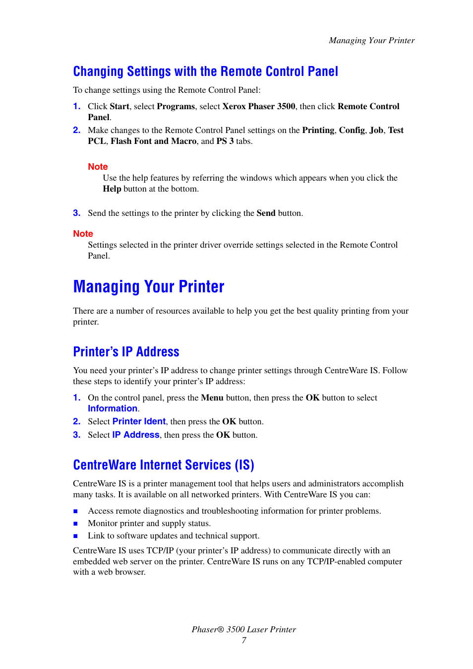 Changing settings with the remote control panel, Managing your printer, Printer’s ip address | Centreware internet services (is) | Xerox Laser Printer 3500 User Manual | Page 12 / 59