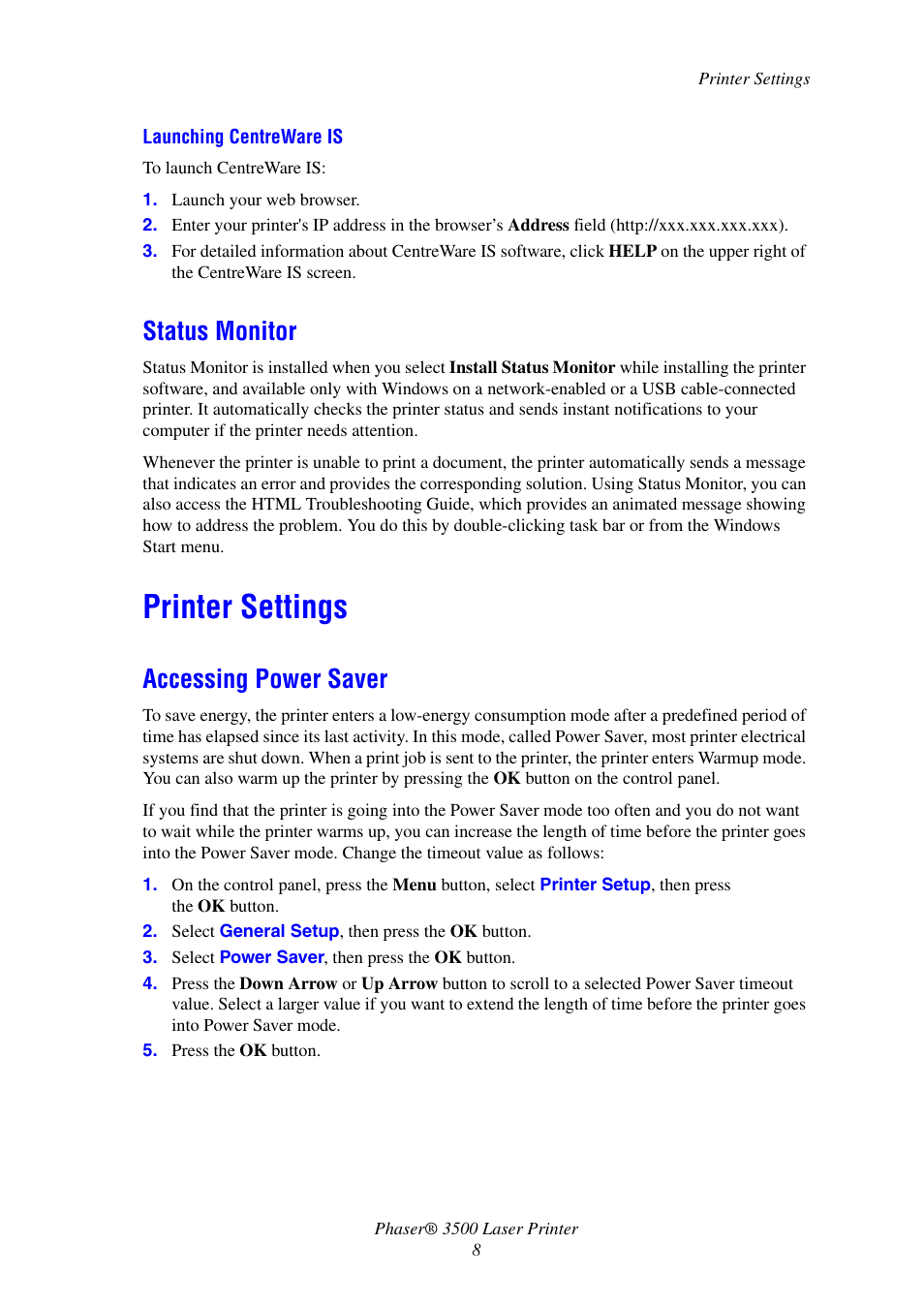 Status monitor, Printer settings, Accessing power saver | Xerox Laser Printer 3500 User Manual | Page 13 / 59
