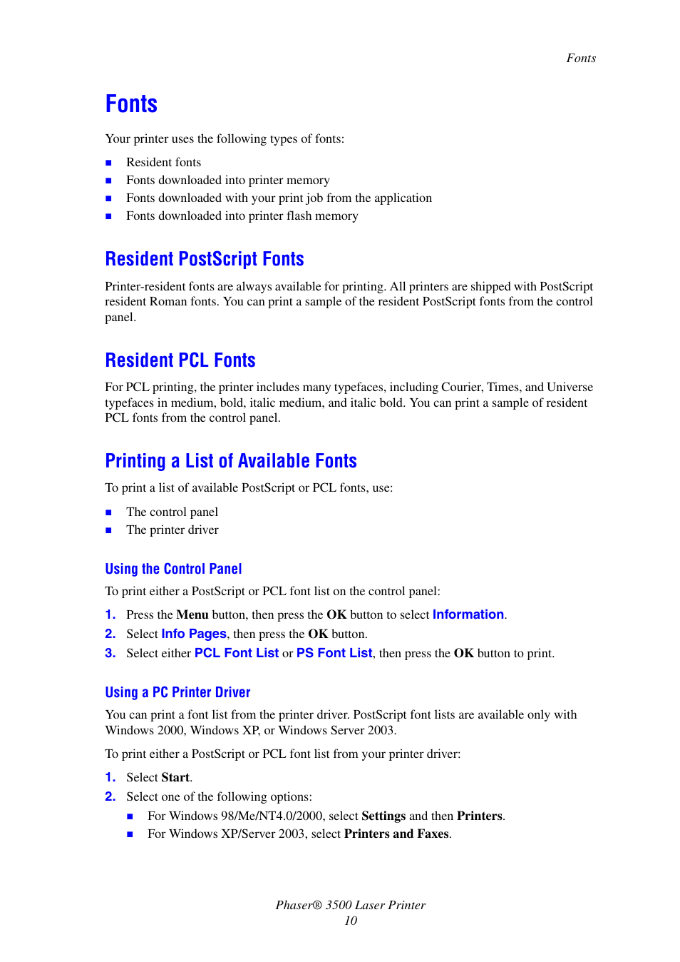 Fonts, Resident postscript fonts, Resident pcl fonts | Printing a list of available fonts | Xerox Laser Printer 3500 User Manual | Page 15 / 59