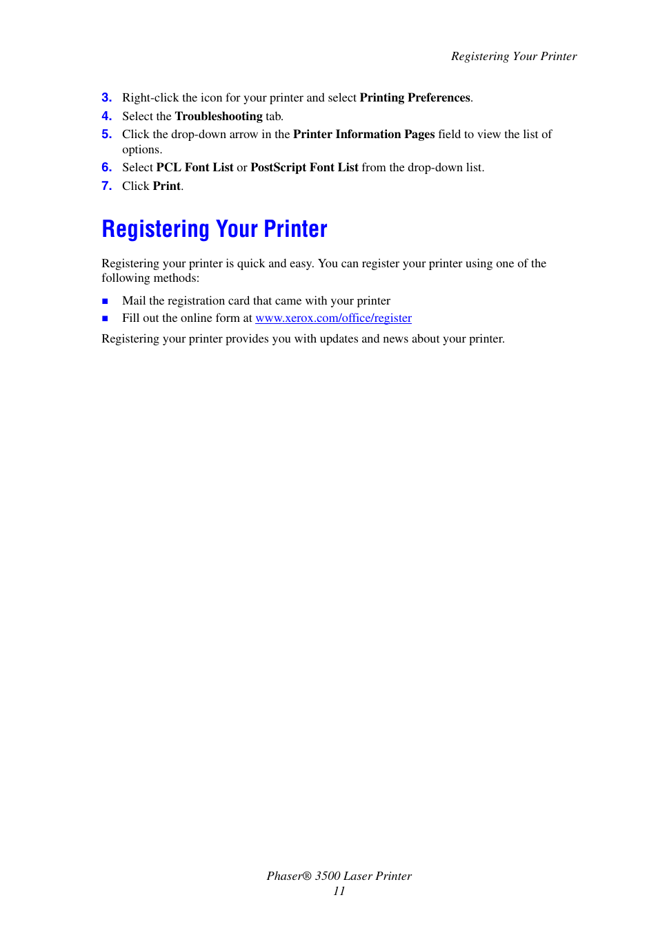 Registering your printer | Xerox Laser Printer 3500 User Manual | Page 16 / 59