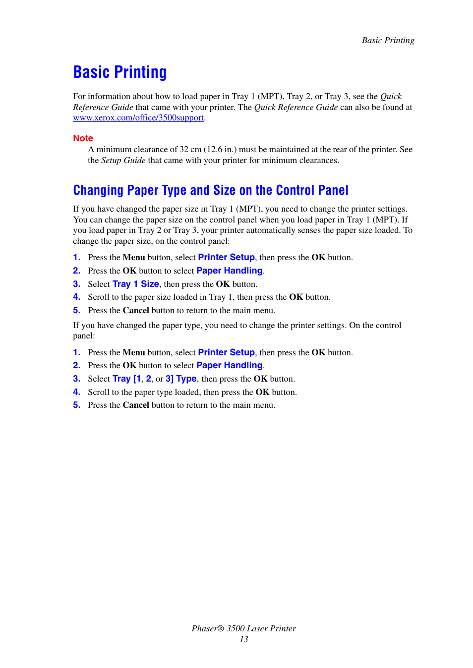 Basic printing, Changing paper type and size on the control panel | Xerox Laser Printer 3500 User Manual | Page 18 / 59
