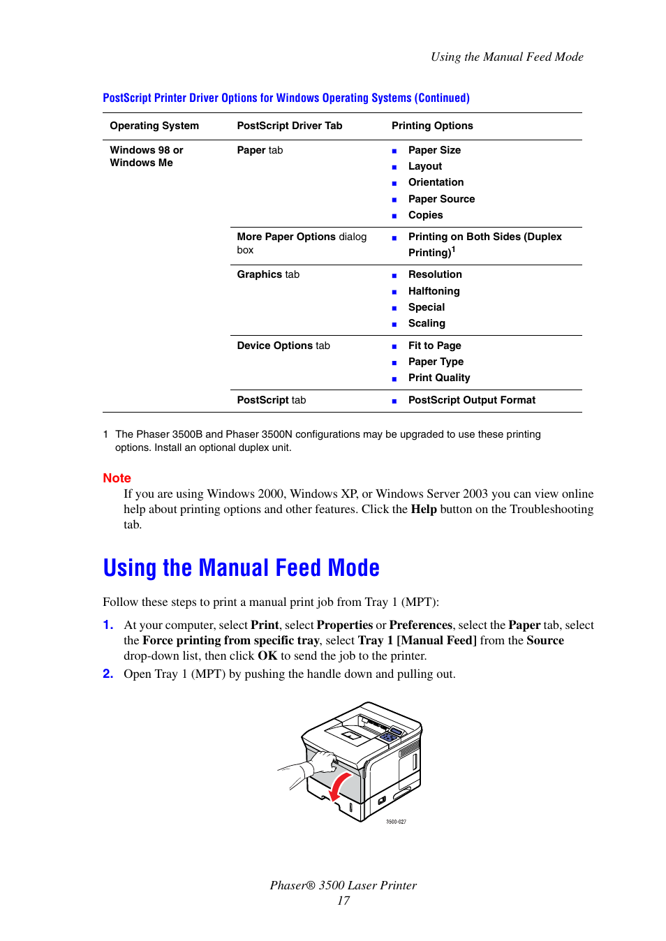 Using the manual feed mode | Xerox Laser Printer 3500 User Manual | Page 22 / 59