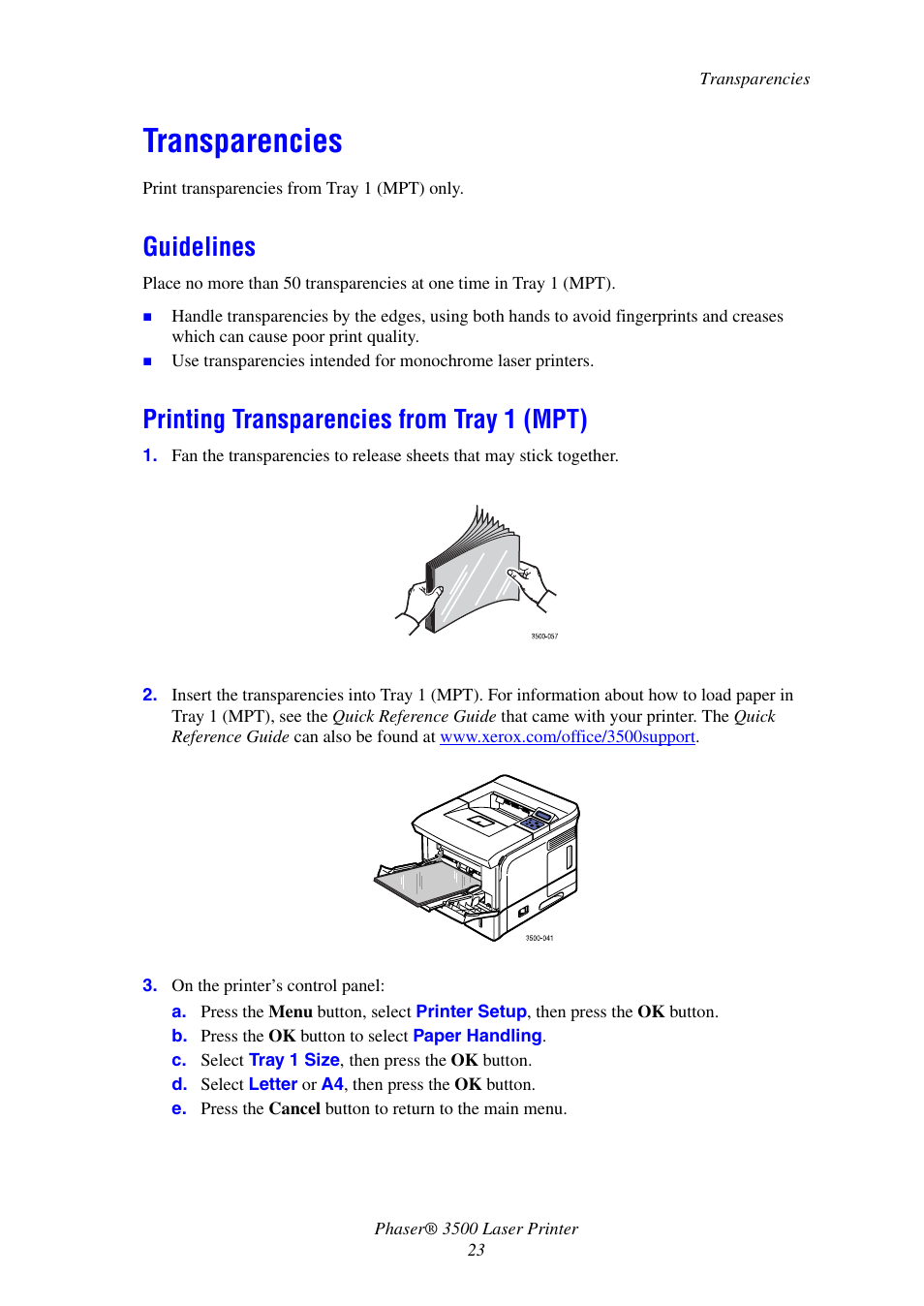 Transparencies, Guidelines, Printing transparencies from tray 1 (mpt) | Xerox Laser Printer 3500 User Manual | Page 28 / 59