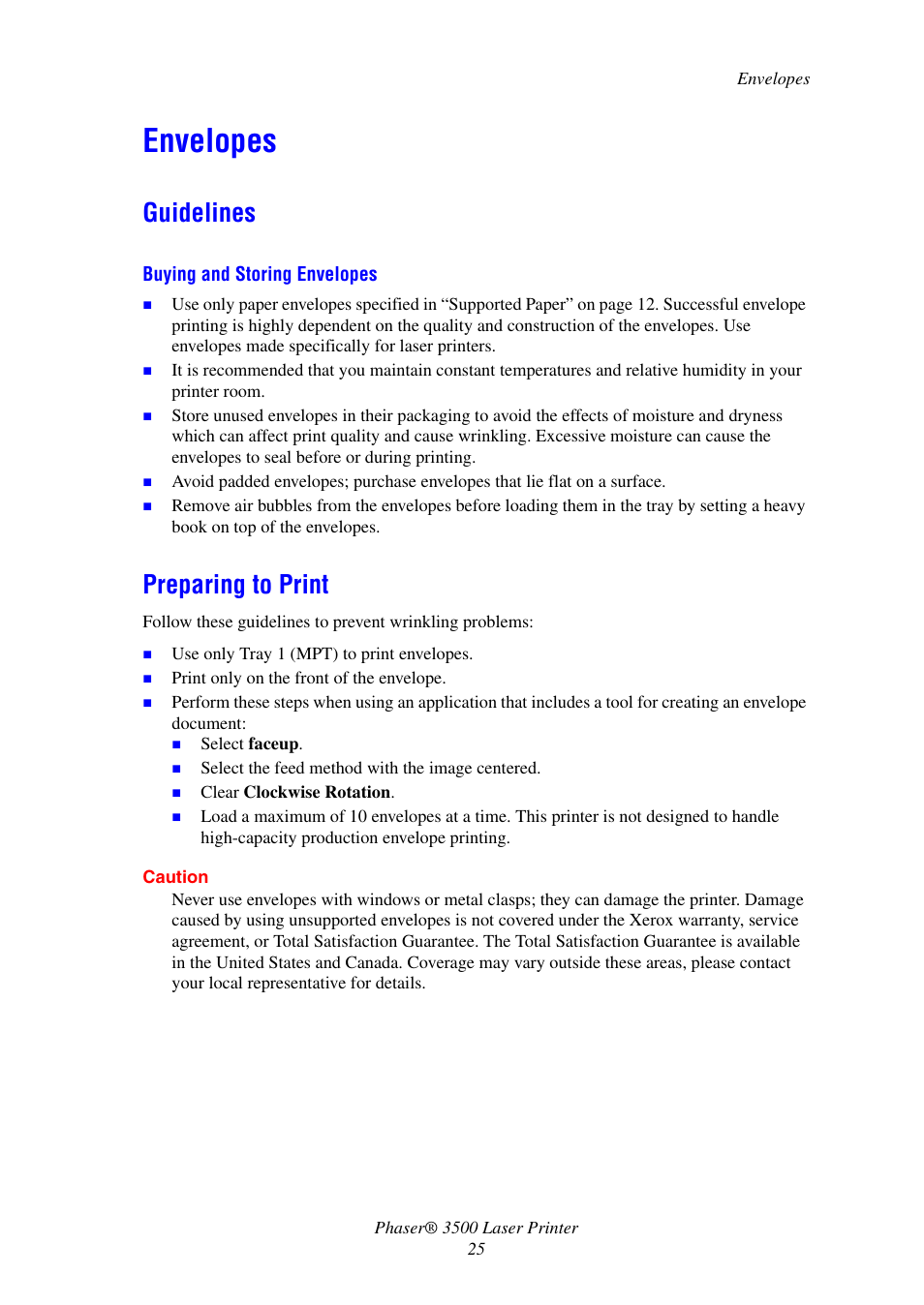 Envelopes, Guidelines, Preparing to print | Guidelines preparing to print | Xerox Laser Printer 3500 User Manual | Page 30 / 59