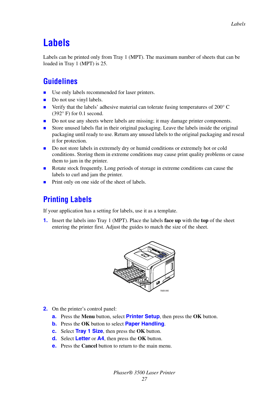 Labels, Guidelines, Printing labels | Guidelines printing labels | Xerox Laser Printer 3500 User Manual | Page 32 / 59