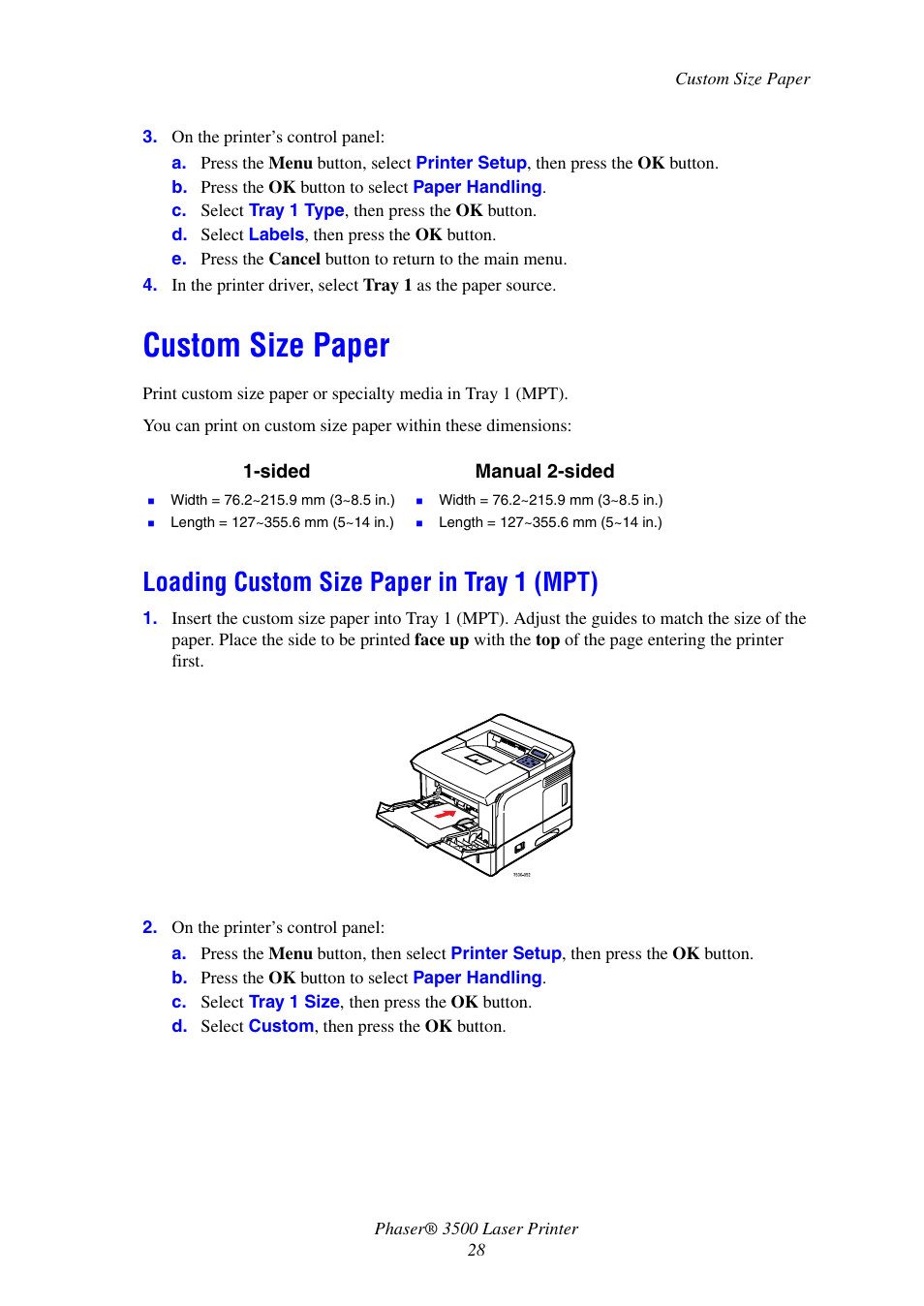 Custom size paper, Loading custom size paper in tray 1 (mpt) | Xerox Laser Printer 3500 User Manual | Page 33 / 59