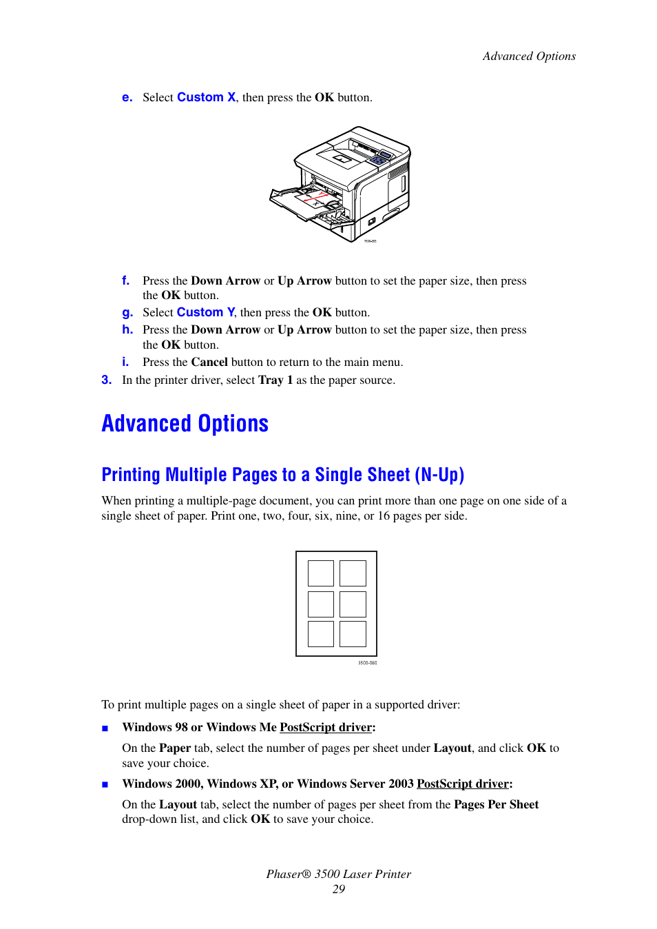 Advanced options, Printing multiple pages to a single sheet (n-up) | Xerox Laser Printer 3500 User Manual | Page 34 / 59