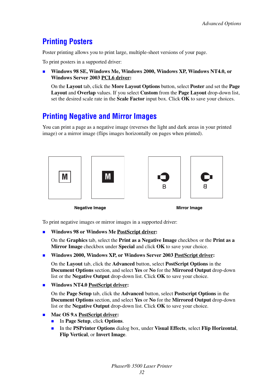Printing posters, Printing negative and mirror images | Xerox Laser Printer 3500 User Manual | Page 37 / 59