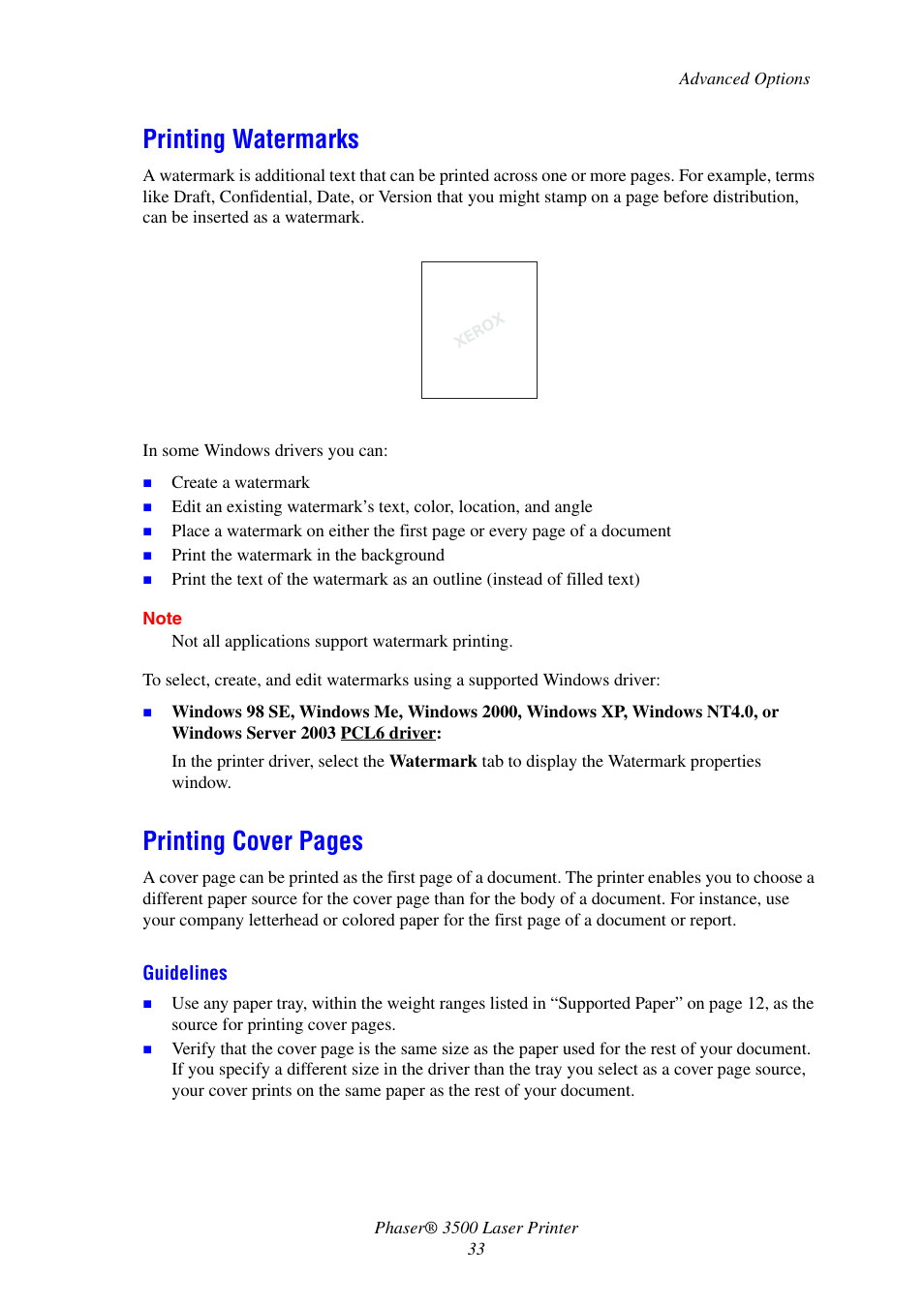 Printing watermarks, Printing cover pages | Xerox Laser Printer 3500 User Manual | Page 38 / 59