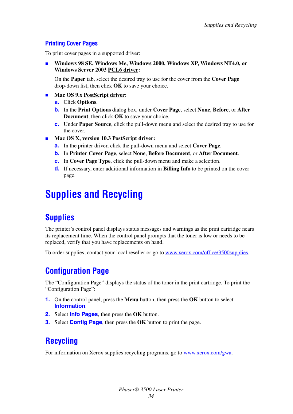 Supplies and recycling, Supplies, Recycling | Configuration page | Xerox Laser Printer 3500 User Manual | Page 39 / 59