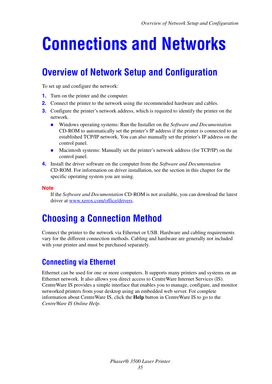 Connections and networks, Overview of network setup and configuration, Choosing a connection method | Connecting via ethernet | Xerox Laser Printer 3500 User Manual | Page 40 / 59