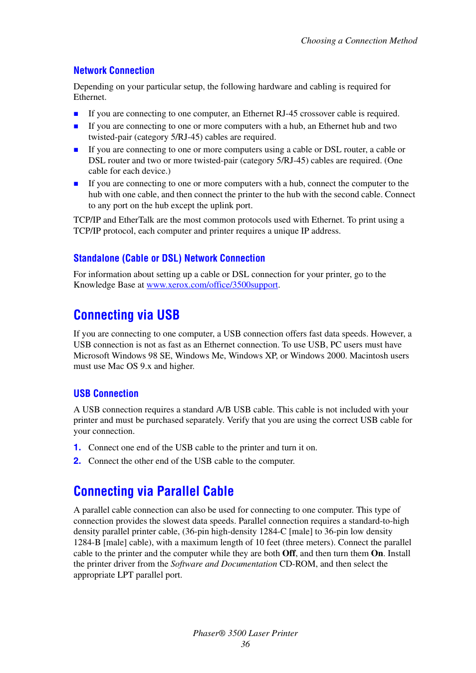 Connecting via usb, Connecting via parallel cable, Connecting via usb connecting via parallel cable | Xerox Laser Printer 3500 User Manual | Page 41 / 59