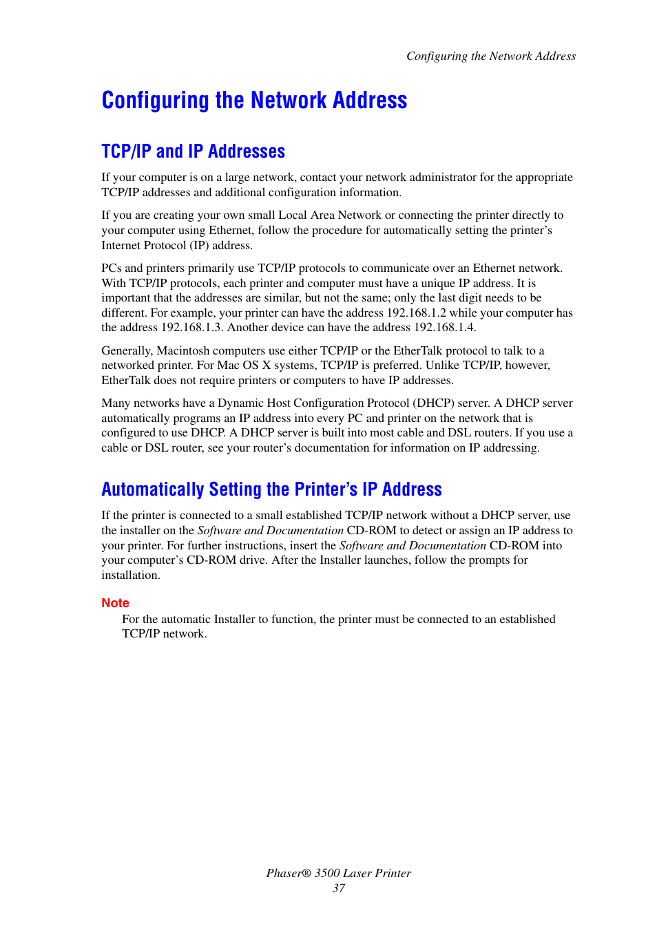 Configuring the network address, Tcp/ip and ip addresses, Automatically setting the printer’s ip address | Xerox Laser Printer 3500 User Manual | Page 42 / 59