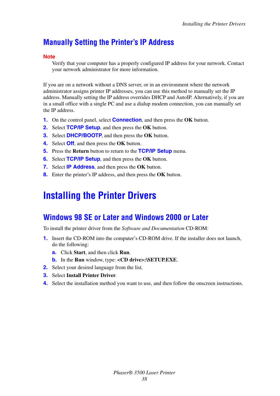Manually setting the printer’s ip address, Installing the printer drivers, Windows 98 se or later and windows 2000 or later | Xerox Laser Printer 3500 User Manual | Page 43 / 59