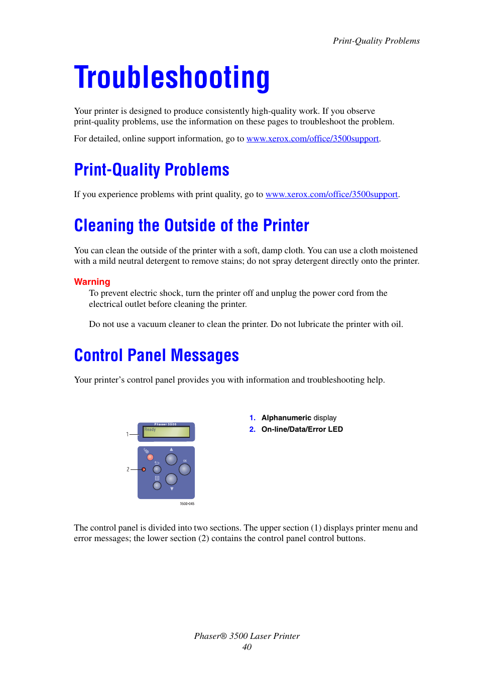 Troubleshooting, Print-quality problems, Cleaning the outside of the printer | Control panel messages | Xerox Laser Printer 3500 User Manual | Page 45 / 59