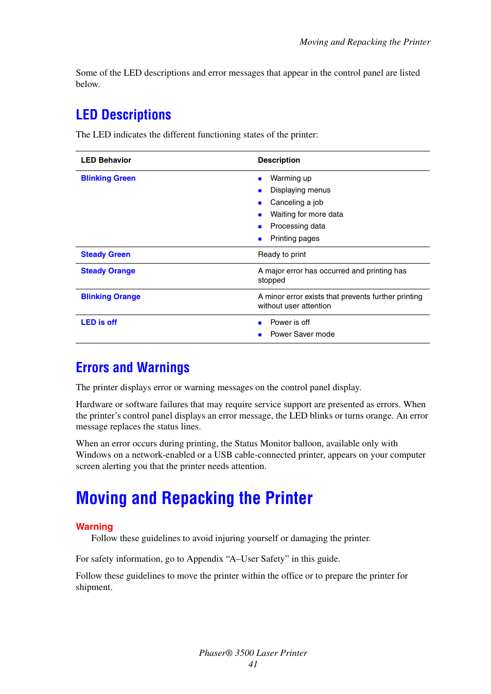 Led descriptions, Errors and warnings, Moving and repacking the printer | Led descriptions errors and warnings | Xerox Laser Printer 3500 User Manual | Page 46 / 59