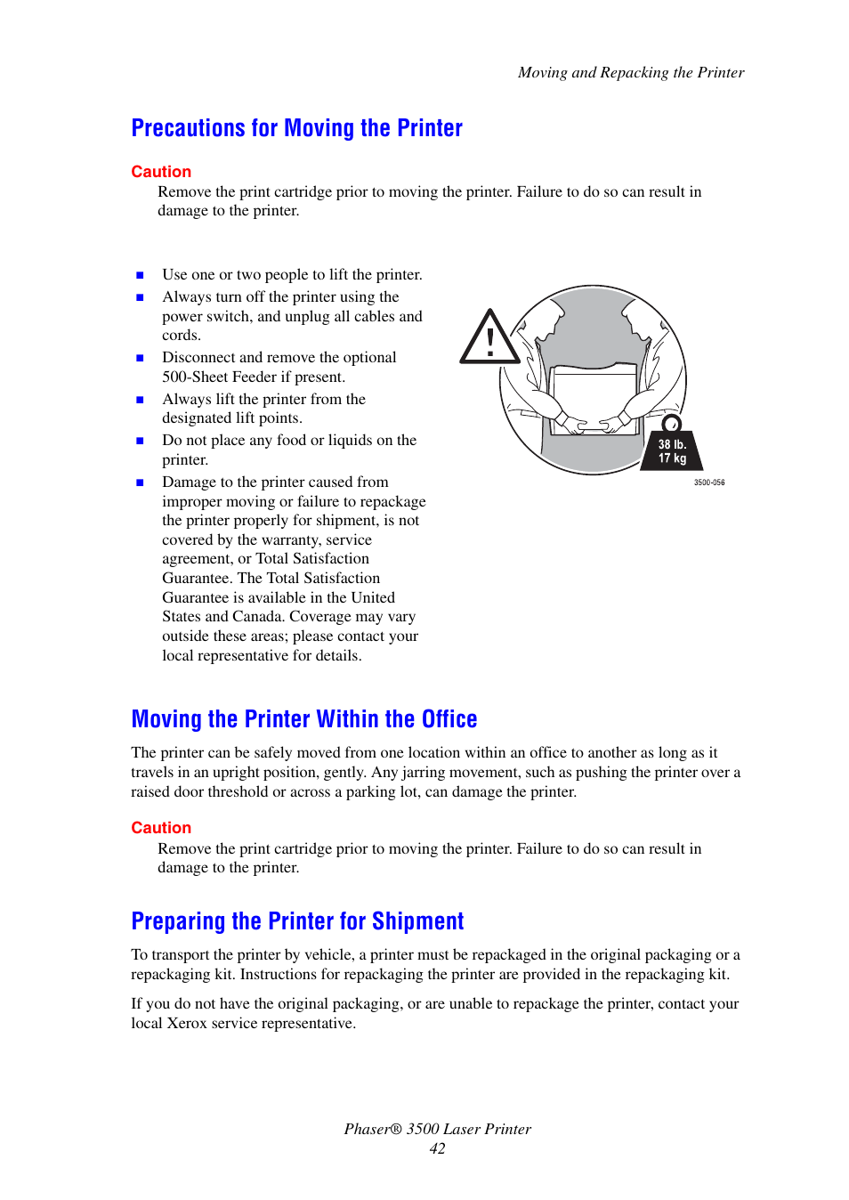 Precautions for moving the printer, Moving the printer within the office, Preparing the printer for shipment | Xerox Laser Printer 3500 User Manual | Page 47 / 59