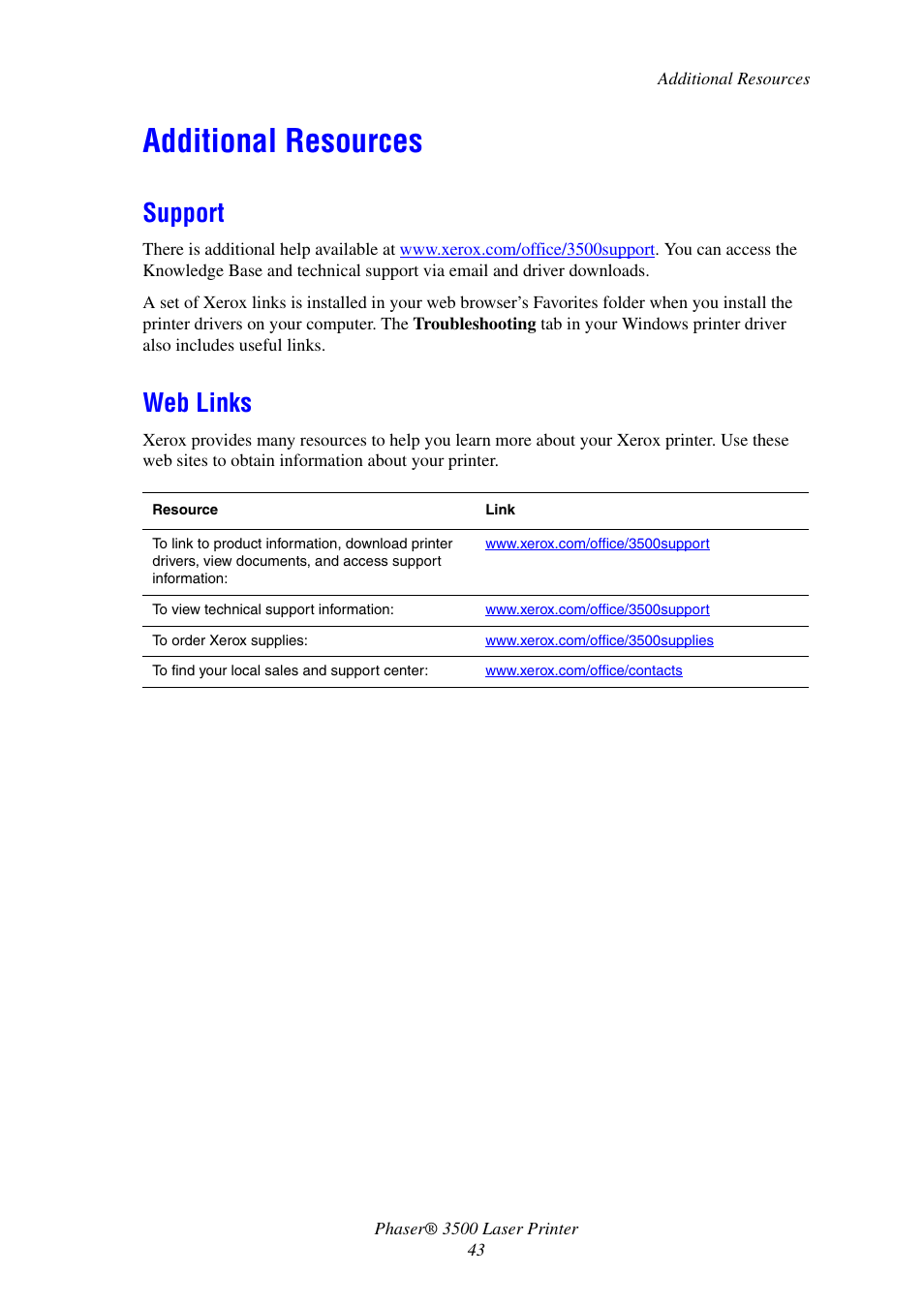 Additional resources, Support, Web links | Support web links | Xerox Laser Printer 3500 User Manual | Page 48 / 59