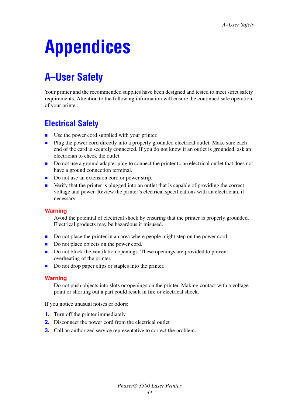 Appendices, A-user safety, Electrical safety | A–user safety | Xerox Laser Printer 3500 User Manual | Page 49 / 59